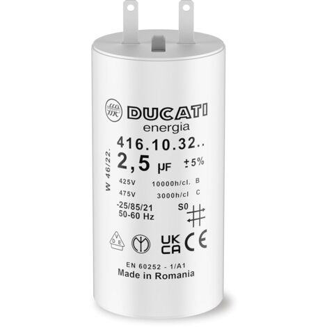 Ducati Energia – Condensateur 2,5 uF pour moteur de volet roulant Somfy – Tension 450 V AC – Durée de vie 10 000 heures – Cylindrique 54 mm x 28 mm