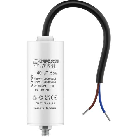 Condensateur 40 μF 450V pour moteur monophasé – Câble 240 mm – Durée de vie 10 000 heures – Compatible Kärcher et pompe de piscine