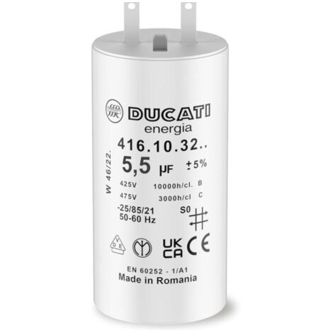 Ducati Energia – Condensateur 5,5 µF 450V AC pour moteur de volet roulant – Durée de vie 10 000 heures – Compatible SIMU et SOMFY – Cylindrique 57mm