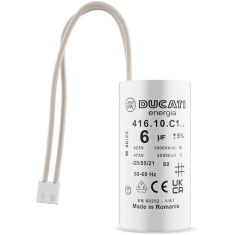 Condensateur 6 uF pour moteur de volet roulant Bubendorff – Tension 425V à 475V AC – Durée de vie 10 000 heures – Installation rapide avec connecteurs