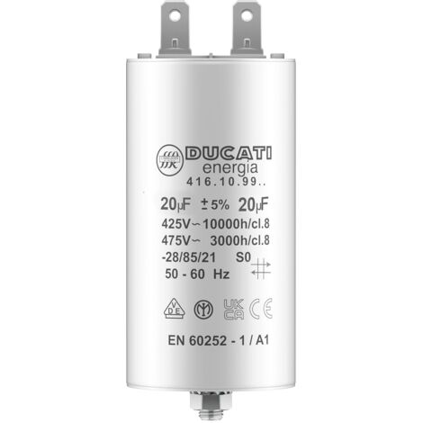 Condensateur 20 uF 450V AC pour moteur monophasé – Polypropylène – Tolérance 5% – Longueur 70mm – Cosses 10mm