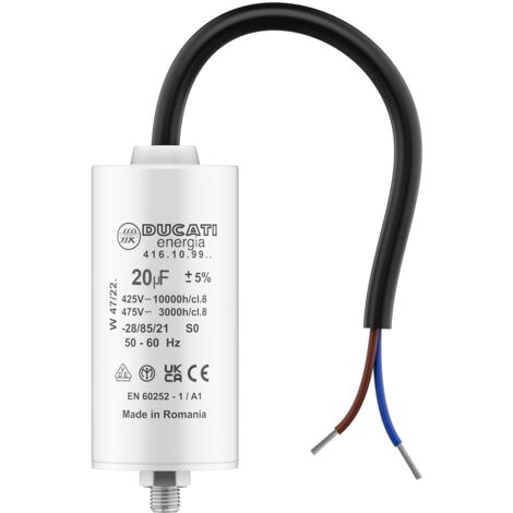 Condensateur 20 uF 450V pour moteur monophasé – Longueur 95 mm, câble 250 mm – Compatible Kärcher, pompe de piscine, porte de garage
