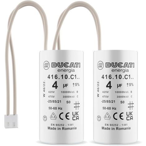 Ducati Energia – Lot de 2 condensateurs 4 uF pour moteur de volet roulant – Tension 425V-475V AC – Durée de vie 10 000 heures – Installation rapide avec connecteurs