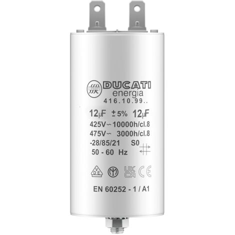 Condensateur 12 uF 450V AC pour moteur monophasé – Polypropylène – Longueur 70mm – Cosses sans polarité – Utilisation Kärcher, pompe piscine