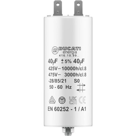Condensateur 40 uF 450V pour moteur monophasé – Cosses 10mm – Compatible Kärcher, pompe piscine, porte garage – Polypropylène durable