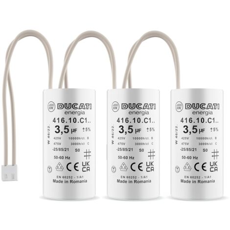 Lot de 3 condensateurs 3,5 µF – Tension 425V-475V AC – Longueur 50mm – Connecteurs pour moteur de volet roulant Bubendorff