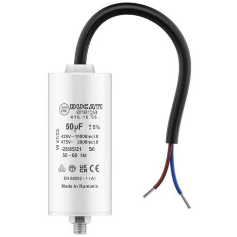 Condensateur 50 uF 450V pour moteur monophasé – Compatible Kärcher, pompe piscine, porte garage – Longueur 95mm, fils 250mm