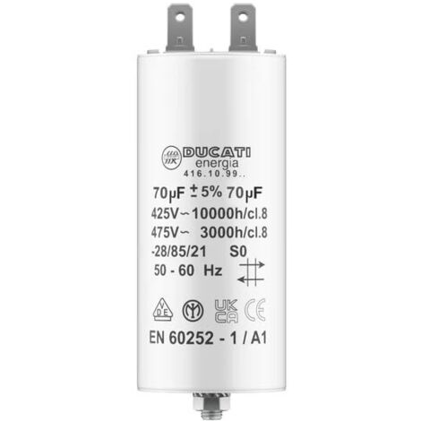 Condensateur 70 uF pour Moteur Monophasé - Utilisation pour Kärcher, Pompe de Piscine, Porte de Garage 425V/450V/475V - Cosses
