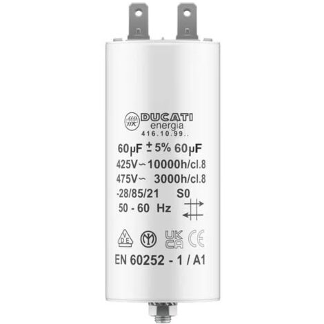 Condensateur 60 uF pour moteur monophasé – Tension 425V/450V/475V – Cosses pour Kärcher, pompe de piscine, porte de garage