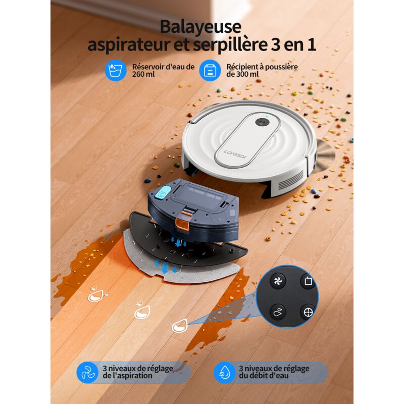 Robot Aspirateur Laveur 3 En 1 Ultra-fin - Autonomie 100 Min - Pour Poils D'animaux Et Sols Durs - Silencieux