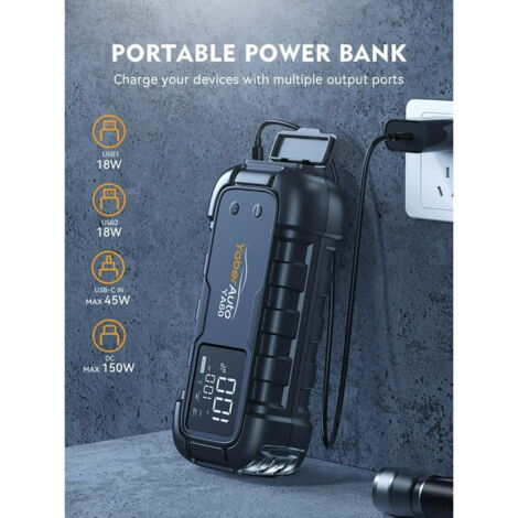 YaberAuto Booster Batterie 6500A 26800mAh – Démarreur De Voiture, Moto, Camion Jusqu’à 12L Diesel – PD65W, écran LED, Lampe 600LM