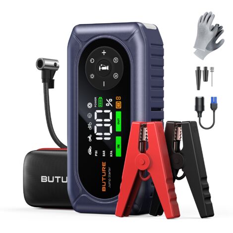 Buture Booster Batterie Voiture 5500 avec 150PSI Gonfleur Pneus , Booster Batterie Moto avec 500 Lumière LED 4 Modes, Grand Écran, Gants(Jusqu'à 9L Gaz ou 8L Diesel)