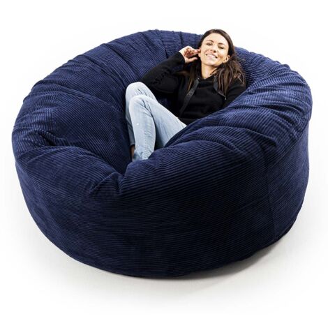 Pouf rond XXL déhoussable en velours côtelé bleu marine – Remplissage billes de polystyrène – 150 cm ∅ x 90 cm – Pour salon et chambre