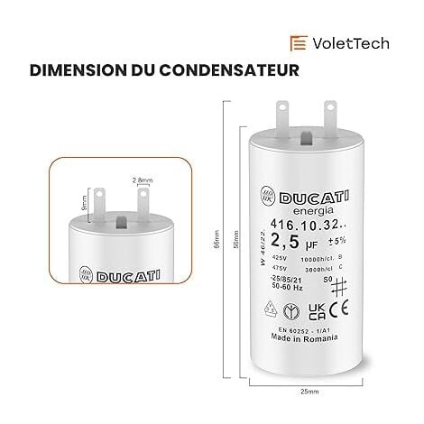 Lot de 2 Condensateurs 2,5 uF pour Moteur de Volet Roulant Somfy  Durée de Vie 10 000 Heures  Condensateur Cylindrique Ducati