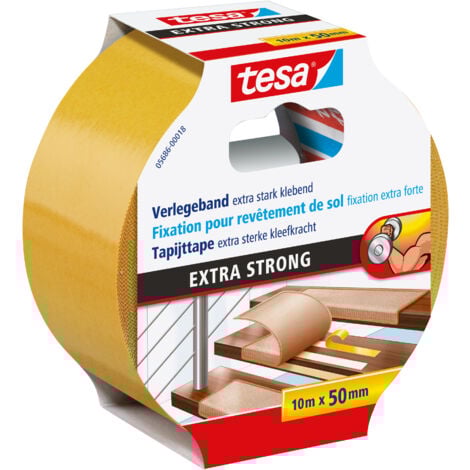 tesa ruban de pose adhésif extra fort - ruban adhésif double face pour la pose de moquette et revêtement PVC - adhésif double face - 10 m x 50 mm