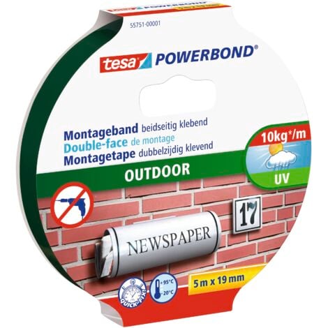 tesa Powerbond Outdoor - Ruban de montage double face pour extérieur - Ruban adhésif imperméable, solide et résistant aux UV - 5 m x 19 mm