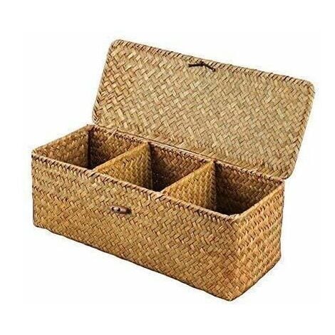 Panier de Rangement avec Couvercle Rectangulaire Coffre en Osier avec Compartiments Organisable Papier Toilette Snack Jouets