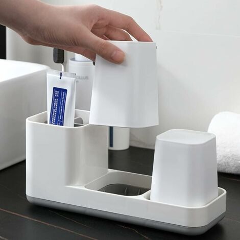 SHINING HOUSE Toothbrush Holder, Quality Plastic Toothbrush Cup with Tumblers, Multifunctional Bathroom Organizer for Bathroom Sink or Cabinet (White, 24.4X10.8X8.9cm)