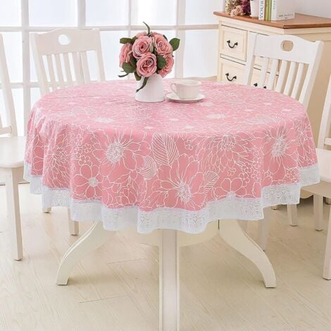 SHINING HOUSE Round PVC Oilcloth Tablecloth with Floral and Lace Pattern Waterproof Stain Resistant Round Tablecloth Oilcloth Dining Table Cloth for Dining Room Garden Cafe Party Pink 152cm