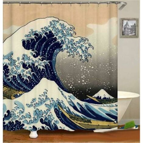 SHINING HOUSE Japanese Wave Shower Curtain Kanagawa Wave Nautical Fabric Shower Curtain Sets Bathroom Decor With Hooks Waterproof Washable
