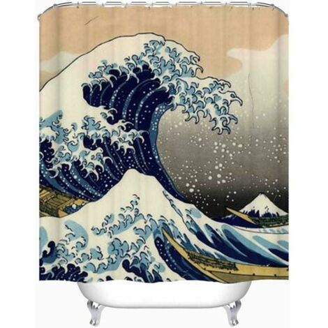 SHINING HOUSE Japanese Wave Shower Curtain Kanagawa Wave Nautical Fabric Shower Curtain Sets Bathroom Decor With Hooks Waterproof Washable