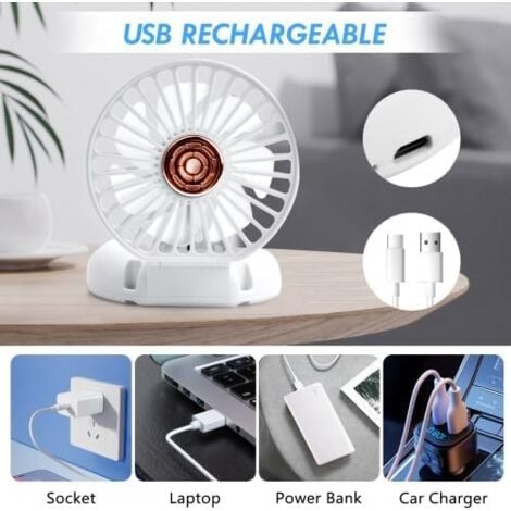 SHINING HOUSE Mini Portable USB Rechargeable Fan, 3 Speeds Foldable Small Table Fan, Quiet and Powerful for Home, Office, Outdoor, Travel (White)