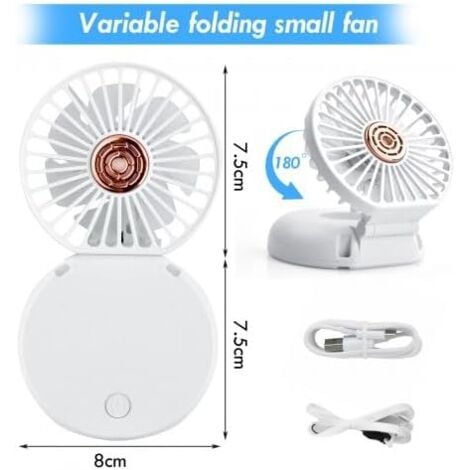 SHINING HOUSE Mini Portable USB Rechargeable Fan, 3 Speeds Foldable Small Table Fan, Quiet and Powerful for Home, Office, Outdoor, Travel (White)