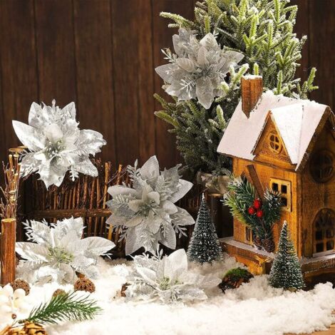 SHINING HOUSE 20pcs Other Christmas Decoration Christmas Decoration, Artificial Christmas Flower, Christmas Garland Christmas Tree with Glitter, Artificial Flower Pendants, for Party Christmas Tree, W
