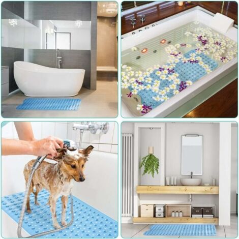 SHINING HOUSE Non Slip Bathtub Mat Extra Long Shower Mat Kids Bath Mat with Suction Cup Machine Washable Anti Mould Anti Fungal, Phthalate Free Latex Free (88 x 40 cm, Blue)