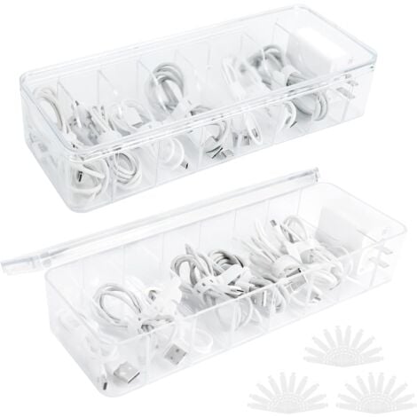 SHINING HOUSE Cable Storage Box, Plastic Data Cable Organizer Box, Transparent Cable Hider Box with 8 Compartments and 30 Cable Ties for Office Storage