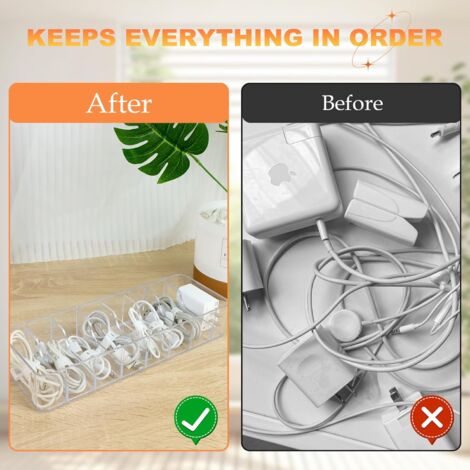 SHINING HOUSE Cable Storage Box, Plastic Data Cable Organizer Box, Transparent Cable Hider Box with 8 Compartments and 30 Cable Ties for Office Storage