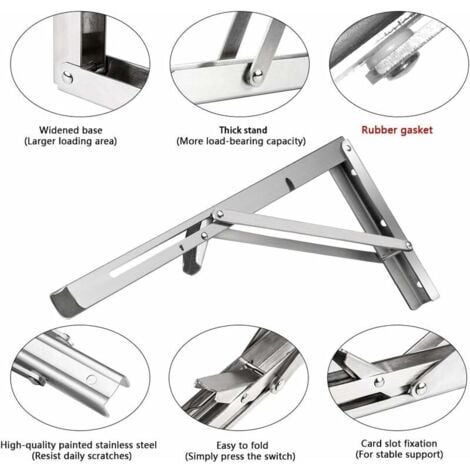 SHINING HOUSE 200mm Folding Wall Bracket, 2pcs Stainless Steel Folding Console Bracket, Garage Bracket Support Frame, Heavy Duty Bracket for Kitchen, Bedroom