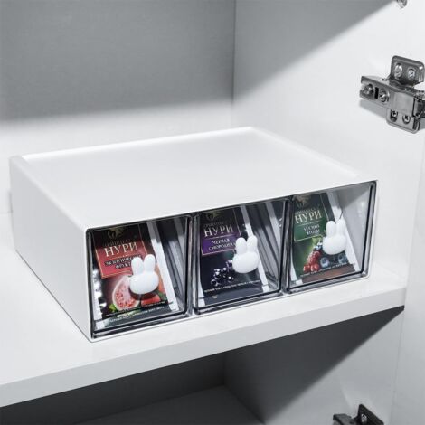 SHINING HOUSE Cupboard Organizers,Tea Box with 3 Drawers,Kitchen Storage Box for Tea Bags,Coffee,etc.Storage Bin for Kitchen/Bathroom/Dressing Room/Office,etc.(White)