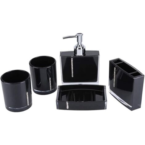 SHINING HOUSE 5Pcs Bathroom Accessories Set Toothbrush Holder Soap Dish Soap Dispenser Toothbrush Cup Washing Supplies Durable Bathroom Accessories for Home Black