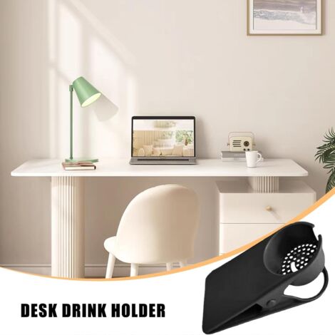 Drinking Cup Holder Clip For Desk Edge - White, Clamps On Tables Up To 1.5", Holds Up To 25oz