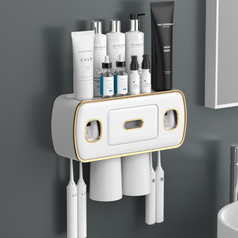 SHINING HOUSE Wall Mount Toothbrush Holder with Dual Automatic Toothpaste Dispenser, Wall Mounted Toothbrush Holder, with 4 Toothbrush Slots, 2 Magnetic Cups, No Drilling, Ivory