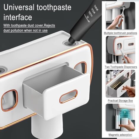 SHINING HOUSE Wall Mount Toothbrush Holder with Dual Automatic Toothpaste Dispenser, Wall Mounted Toothbrush Holder, with 4 Toothbrush Slots, 2 Magnetic Cups, No Drilling, Ivory