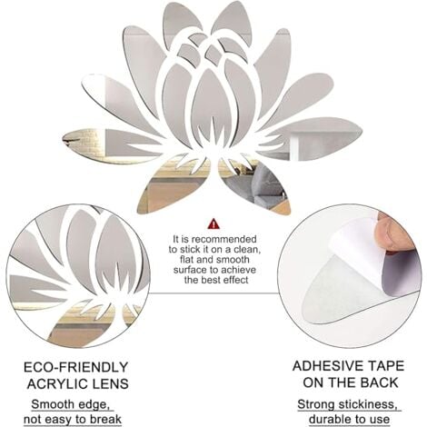 SHINING HOUSE 3D Acrylic Mirror Lotus Flower Wall Sticker Self-Adhesive Removable Eco-Friendly Wall Decals for Home Bedroom Living Room Bathroom Decoration 13.7 x 9.8 Inch, Silverware