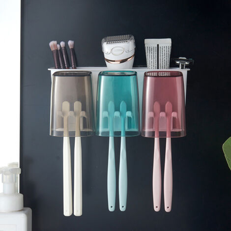 SHINING HOUSE Wall Mounted Toothbrush Holder with 3 Cups, Self Adhesive Toothbrush Holder, Electric Toothbrush Stand, Multifunction Bathroom Storage Rack, No Drilling