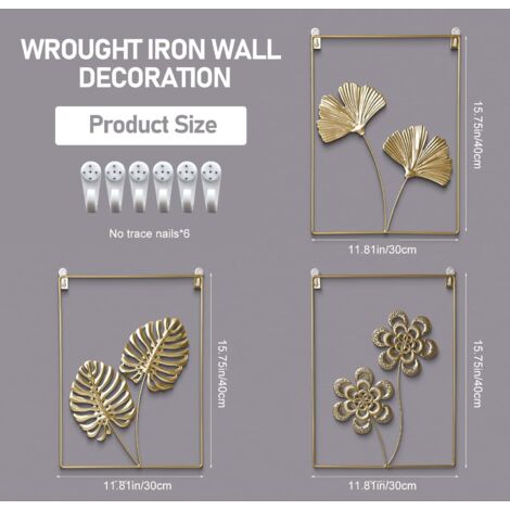 SHINING HOUSE 3pcs Gold Wall Decor Set, Modern Minimalist Abstract Line Art Ginkgo Leaf Metal Sculptures for Living Room Bedroom Office Wall, 30x40cm