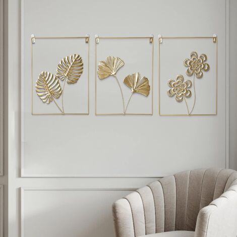 SHINING HOUSE 3pcs Gold Wall Decor Set, Modern Minimalist Abstract Line Art Ginkgo Leaf Metal Sculptures for Living Room Bedroom Office Wall, 30x40cm