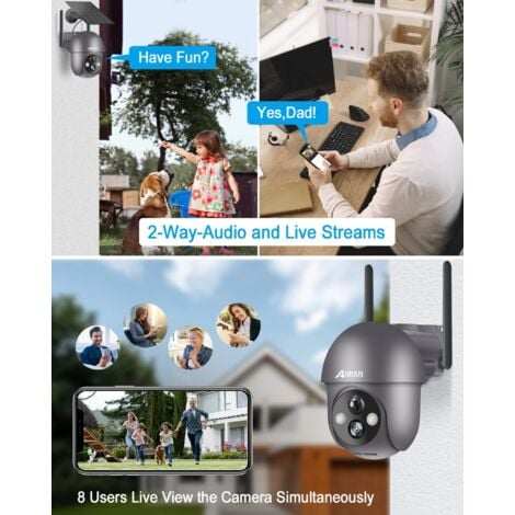 Videocamere di sorveglianza esterni 2K Telecamera WiFi Esterno Batteria, 360° PTZ Senza Fili con Pannello Solare, PIR e Rilevamento del Movimento,Visione Notturna Colori, Audio a 2 Vie,ANRAN Q01Grigio