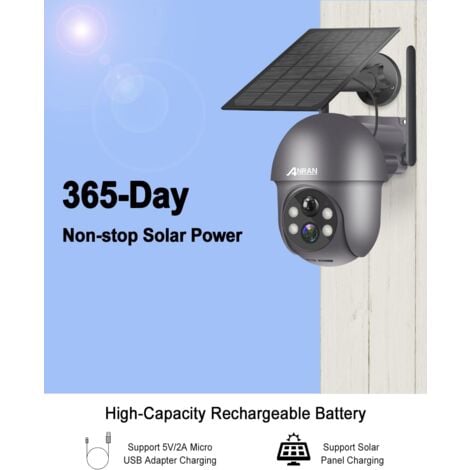Videocamere di sorveglianza esterni 2K Telecamera WiFi Esterno Batteria, 360° PTZ Senza Fili con Pannello Solare, PIR e Rilevamento del Movimento,Visione Notturna Colori, Audio a 2 Vie,ANRAN Q01Grigio