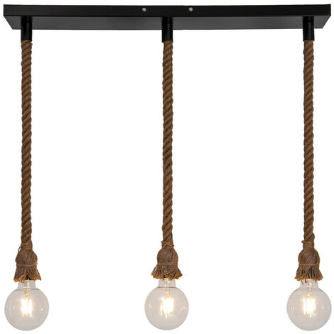 Suspension moderne Mila 100cm réglable métal noir et corde naturel LED (1/4)