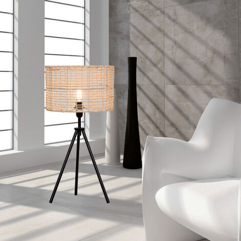 Lampe moderne Bora métal noir et rotin naturel compatible LED (1/4)