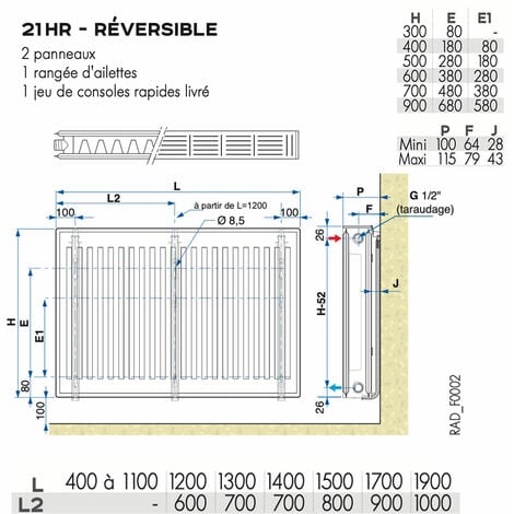 Radiateur eau chaude réversible Acier Blanc Type 21 Chauffage central DE DIETRICH Dimension - T21 HR L40xH60 514W