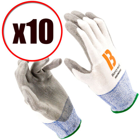 Honeywell – Lot de 10 gants anti-coupure taille 6 – Norme EN 388 4X42B – Paume en polyuréthane – Résistance à l'abrasion 4/4 - EN388