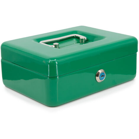 Caisse à monnaie en acier vert avec poignée de transport – Serrure à clés – Compartiments pour pièces et billets – Dimensions 20x16x8 cm