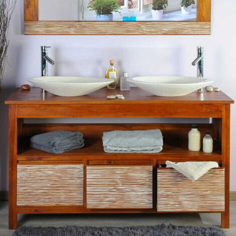 Ensemble meuble salle de bain 140 cm en teck – Miroir 130 x 85 cm – 2 portes et étagère ouverte – Vasques ovales en Terrazzo blanc (1/5)