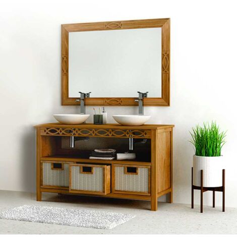 Ensemble meuble vasque salle de bain en teck massif naturel 140 cm – Miroir inclus – 3 tiroirs en rotin tressé – Compatible 1 ou 2 vasques (1/5)